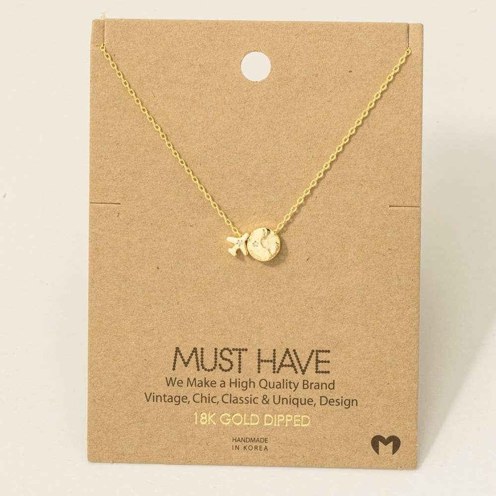 Gold Dipped Airplane Map Pendant Necklace
