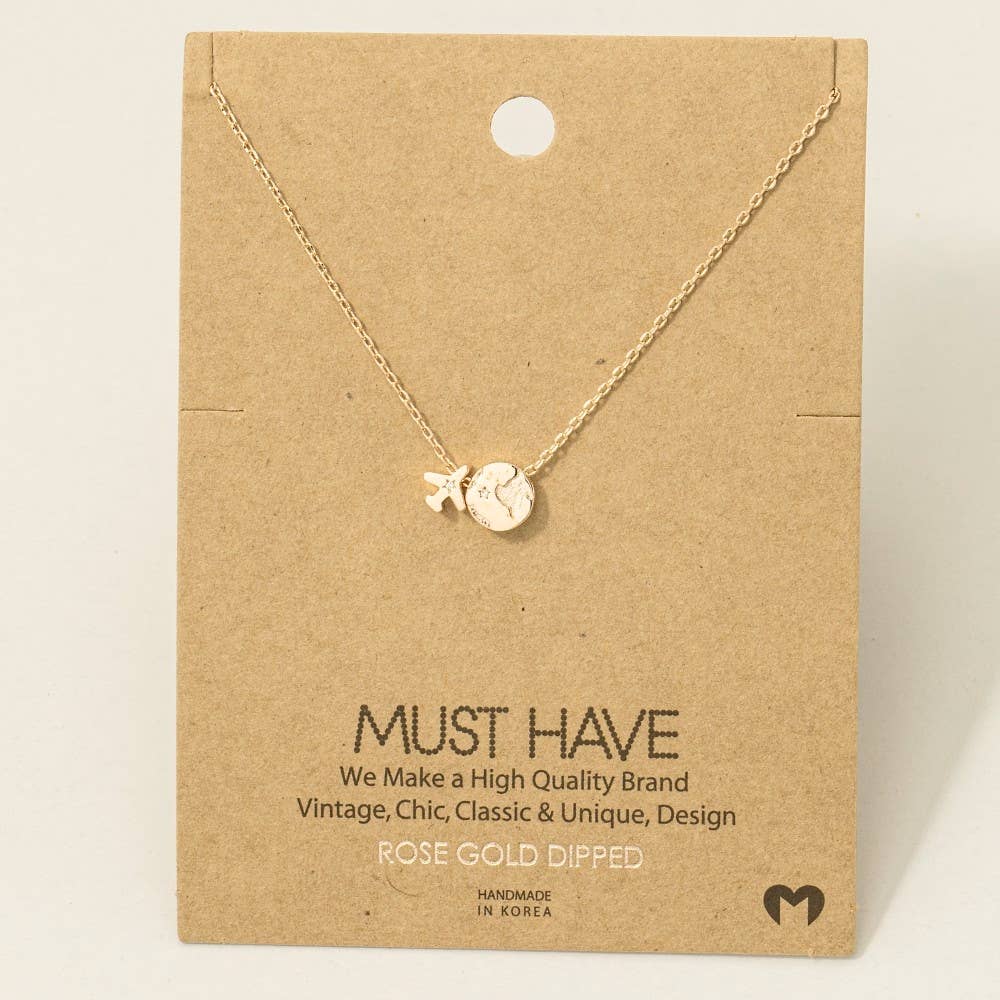 Gold Dipped Airplane Map Pendant Necklace
